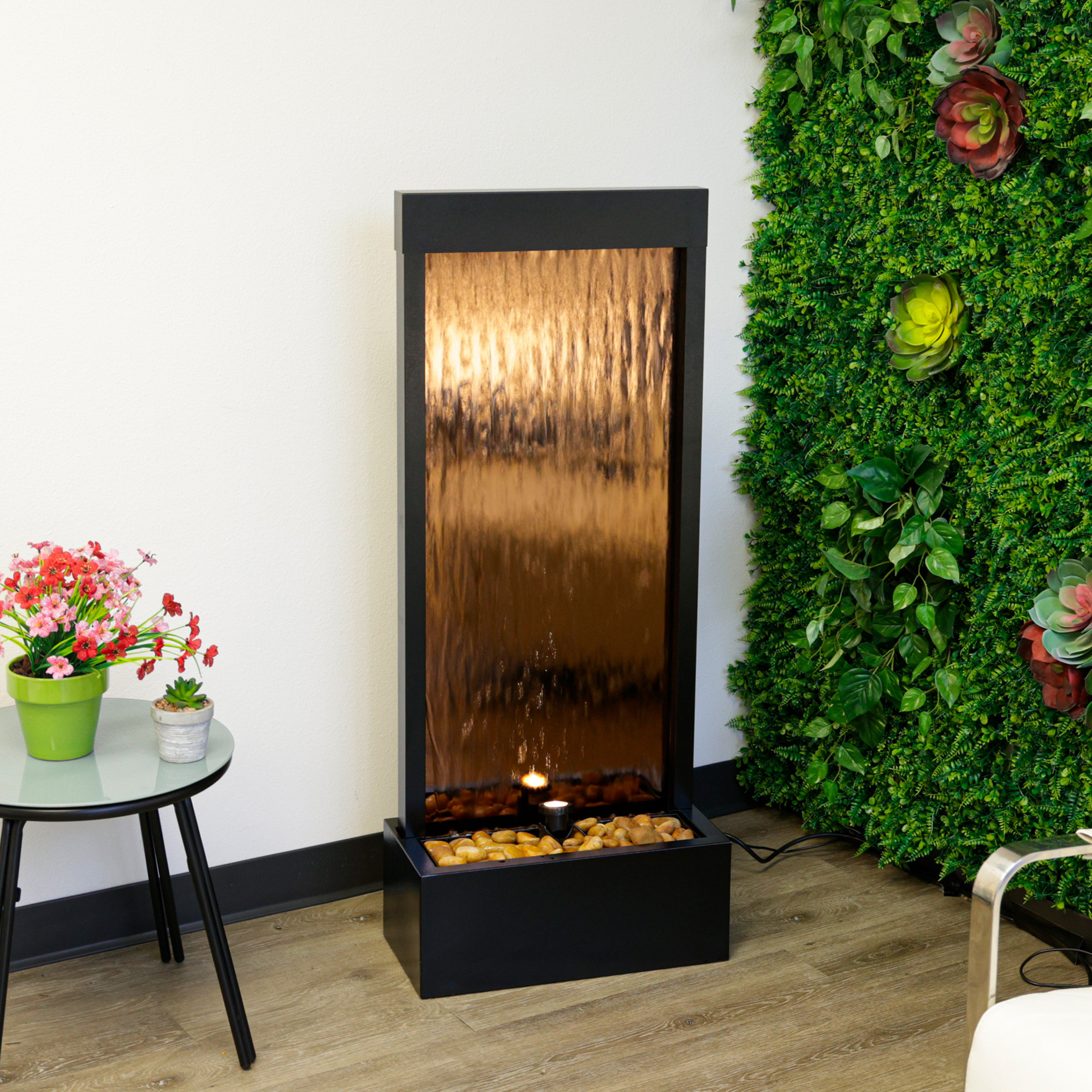 Alpine Corporation MLT100S Indoor Mirror Waterfall Floor Fountain with Stones and LED Lights, 48 inches, Bronze